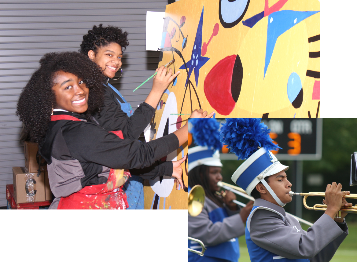 girls paining and a boy playing in the school band at university academy charter school. Boy playing a trumpet in a school band.