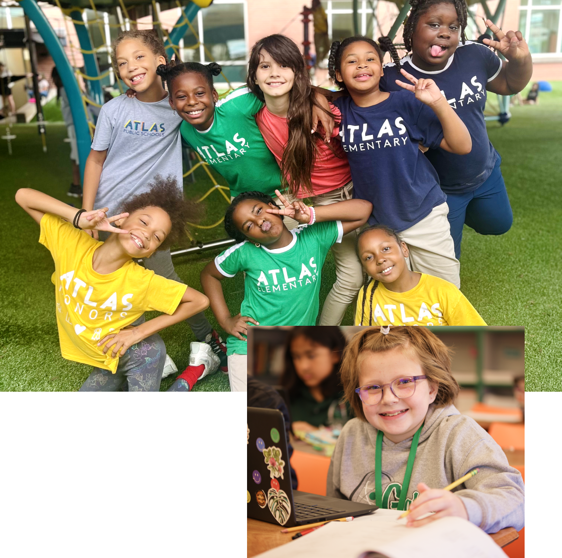 A group of kids making silly faces and smiling outside Atlas elementary. A girl in glasses wirrting in a notebook and on a laptop.